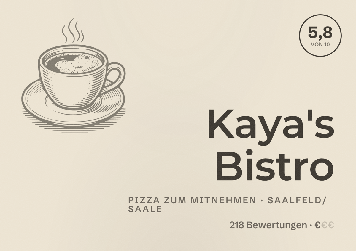 Illustriertes Poster von Kaya's Bistro, Pizza zum Mitnehmen in Saalfeld/Saale: Bewertung 5,8 von 10 aus 218 Bewertungen, Preisniveau €
