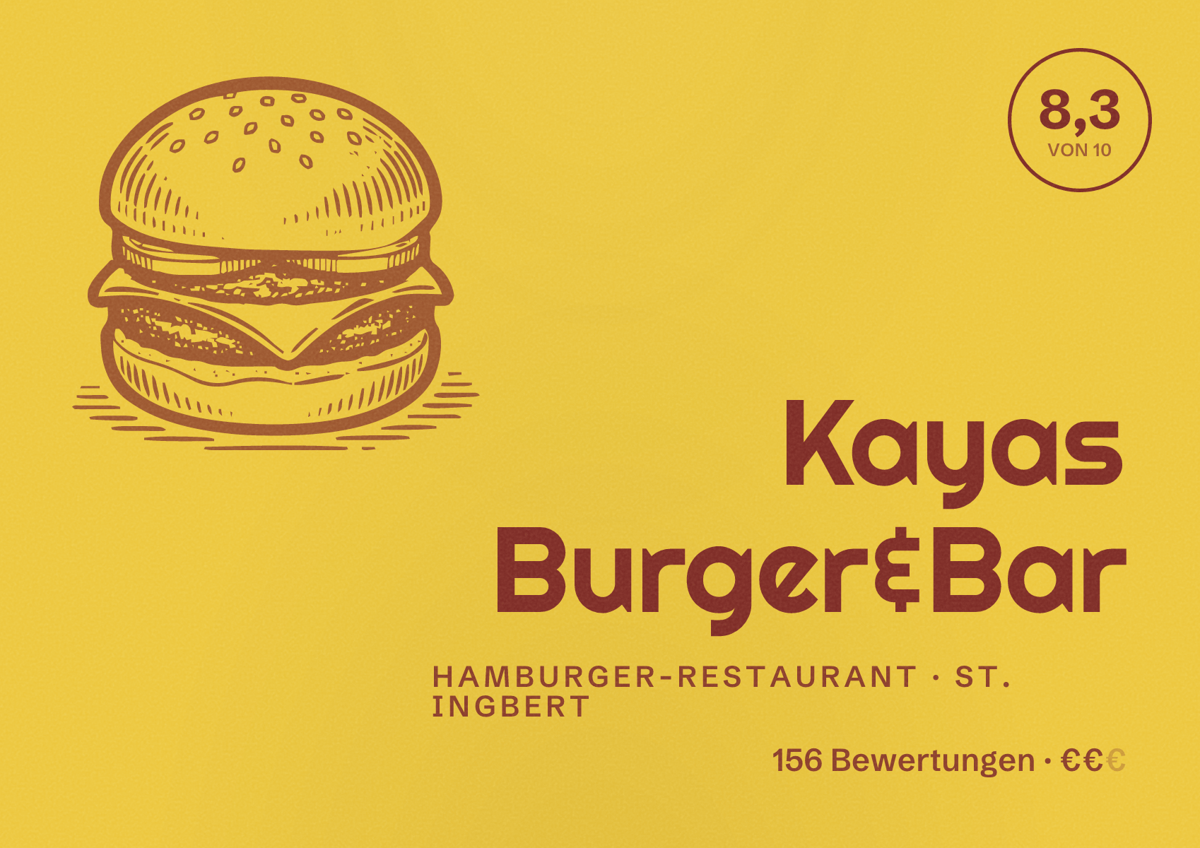 Illustriertes Poster von Kayas Burger&Bar, Hamburger-Restaurant in St. Ingbert: Bewertung 8,3 von 10 aus 156 Bewertungen, Preisniveau €€