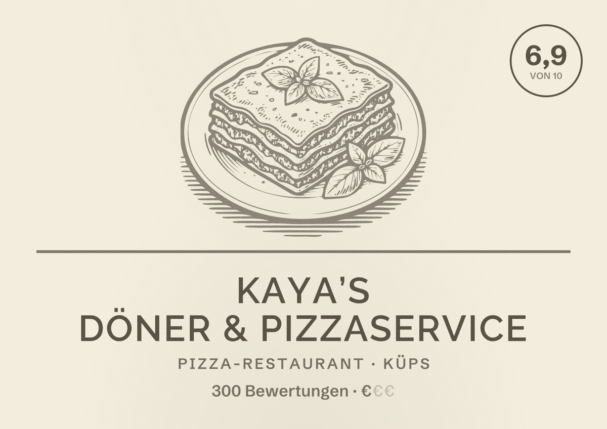 Illustriertes Poster von Kaya’s Döner & Pizzaservice, Pizza-Restaurant in Küps: Bewertung 6,9 von 10 aus 300 Bewertungen, Preisniveau €