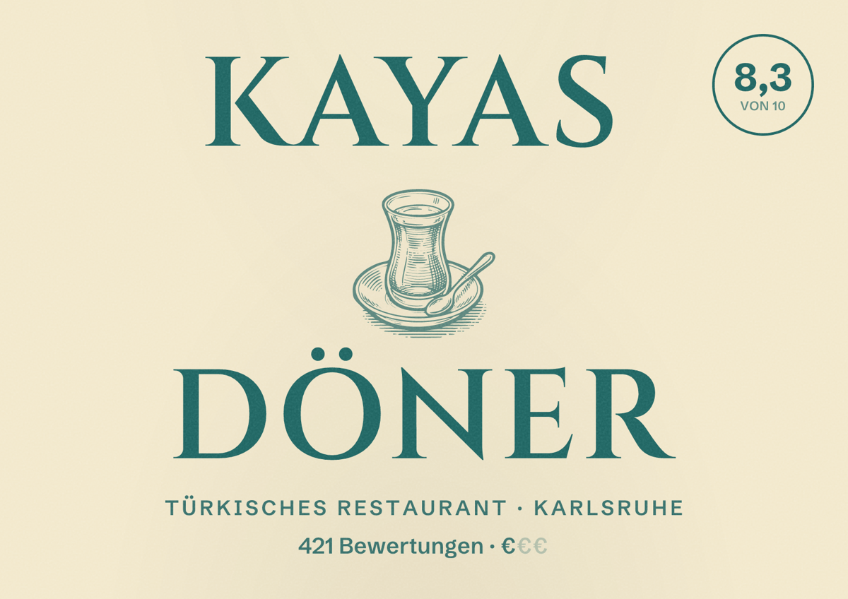 Illustriertes Poster von Kayas Döner, Türkisches Restaurant in Karlsruhe: Bewertung 8,3 von 10 aus 421 Bewertungen, Preisniveau €