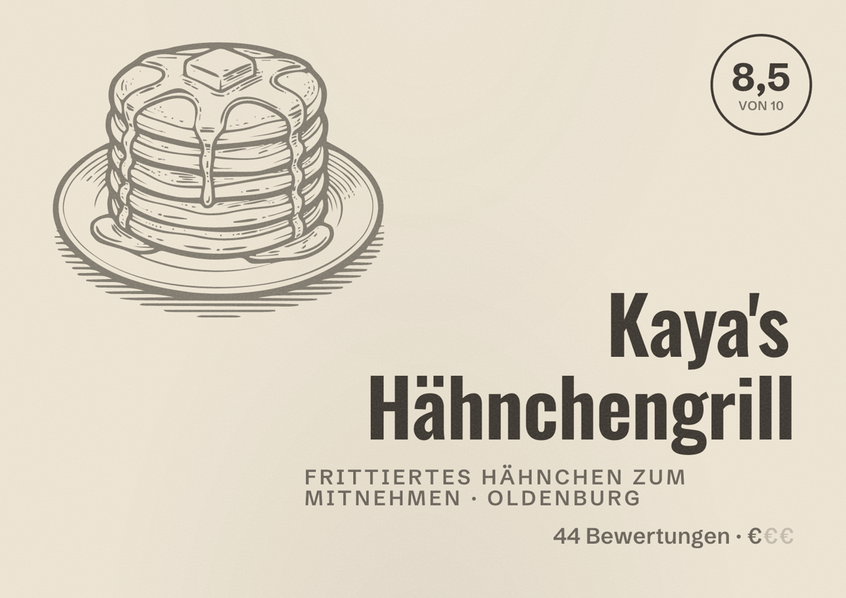 Illustriertes Poster von Kaya's Hähnchengrill, Frittiertes Hähnchen zum Mitnehmen in Oldenburg: Bewertung 8,5 von 10 aus 44 Bewertungen, Preisniveau €