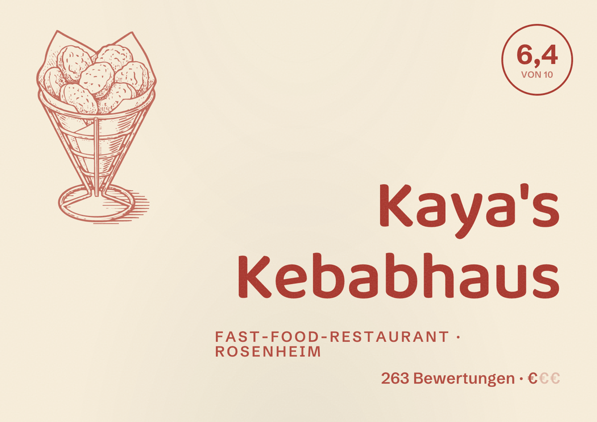 Illustriertes Poster von Kaya's Kebabhaus, Fast-Food-Restaurant in Rosenheim: Bewertung 6,4 von 10 aus 263 Bewertungen, Preisniveau €