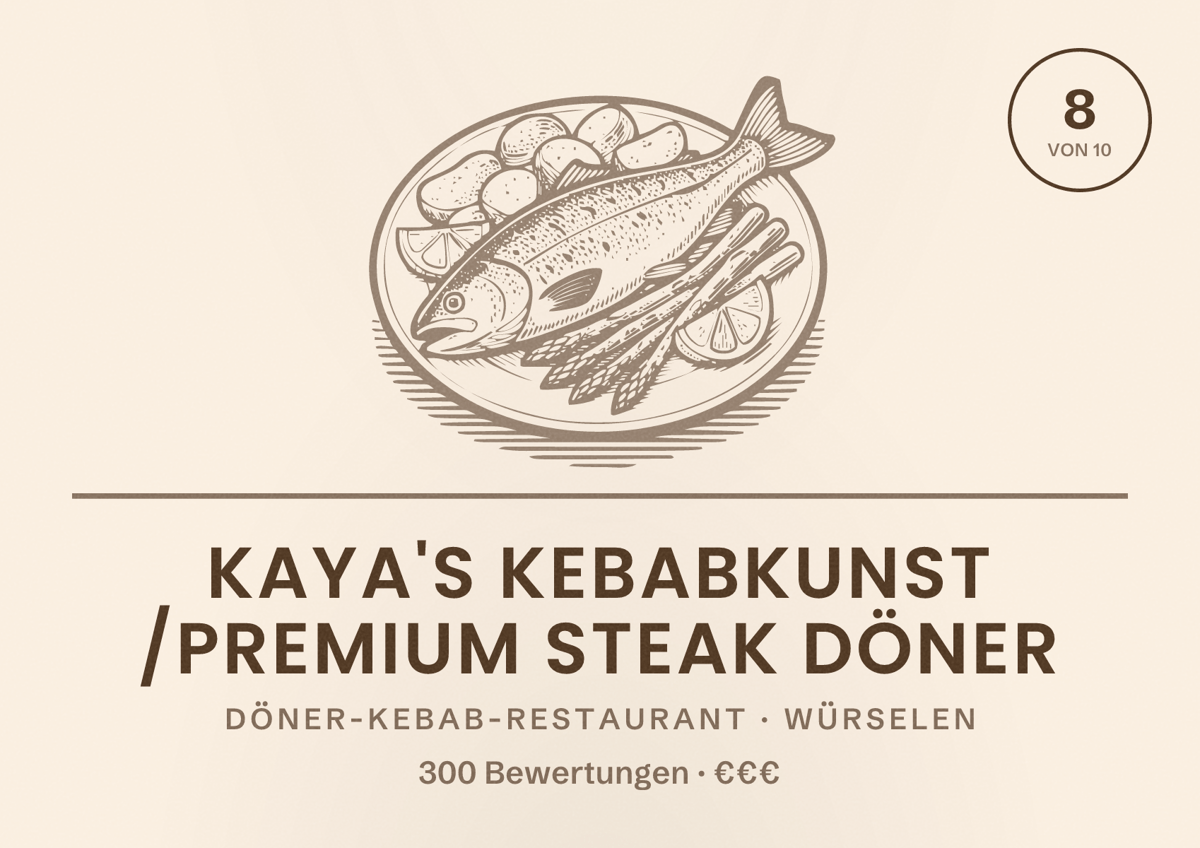 Illustriertes Poster von Kaya's kebabkunst /Premium Steak Döner, Döner-Kebab-Restaurant in Würselen: Bewertung 8 von 10 aus 300 Bewertungen, Preisniveau €€€