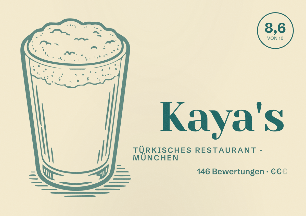 Illustriertes Poster von Kaya's, Türkisches Restaurant in München: Bewertung 8,6 von 10 aus 146 Bewertungen, Preisniveau €€