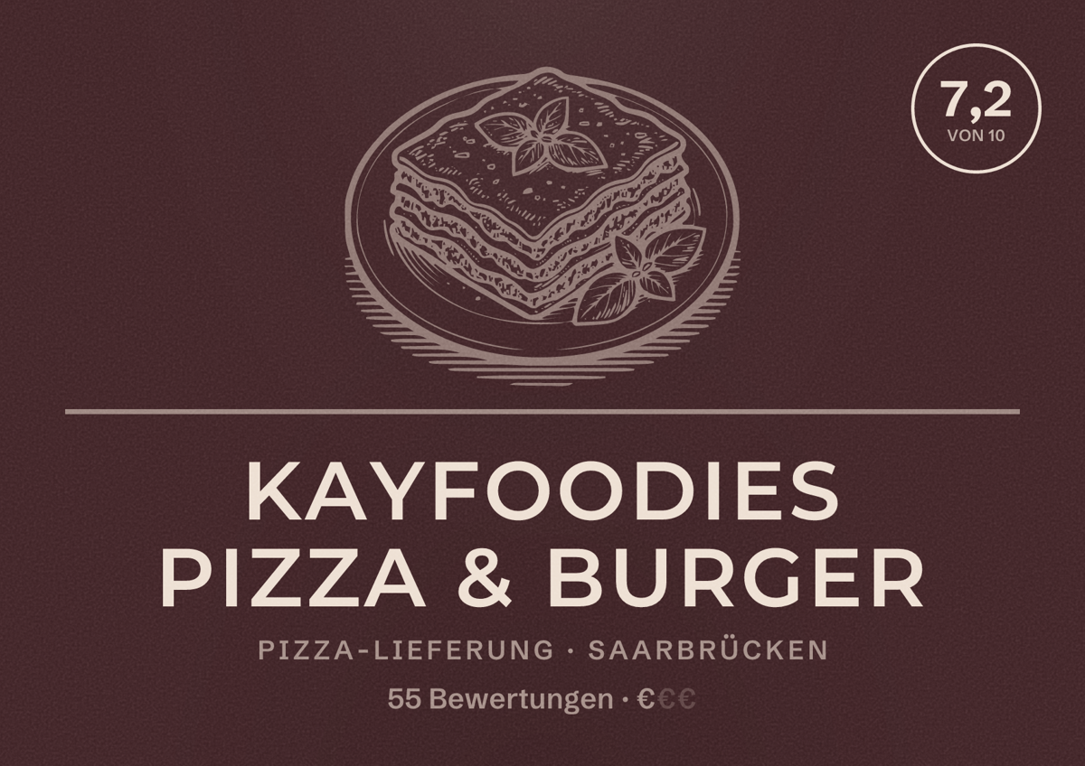 Illustriertes Poster von Kayfoodies Pizza & Burger, Pizza-Lieferung in Saarbrücken: Bewertung 7,2 von 10 aus 55 Bewertungen, Preisniveau €
