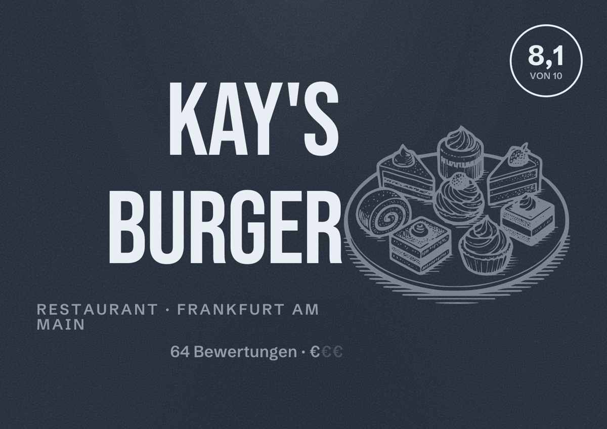 Illustriertes Poster von Kay's Burger, Restaurant in Frankfurt am Main: Bewertung 8,1 von 10 aus 64 Bewertungen, Preisniveau €
