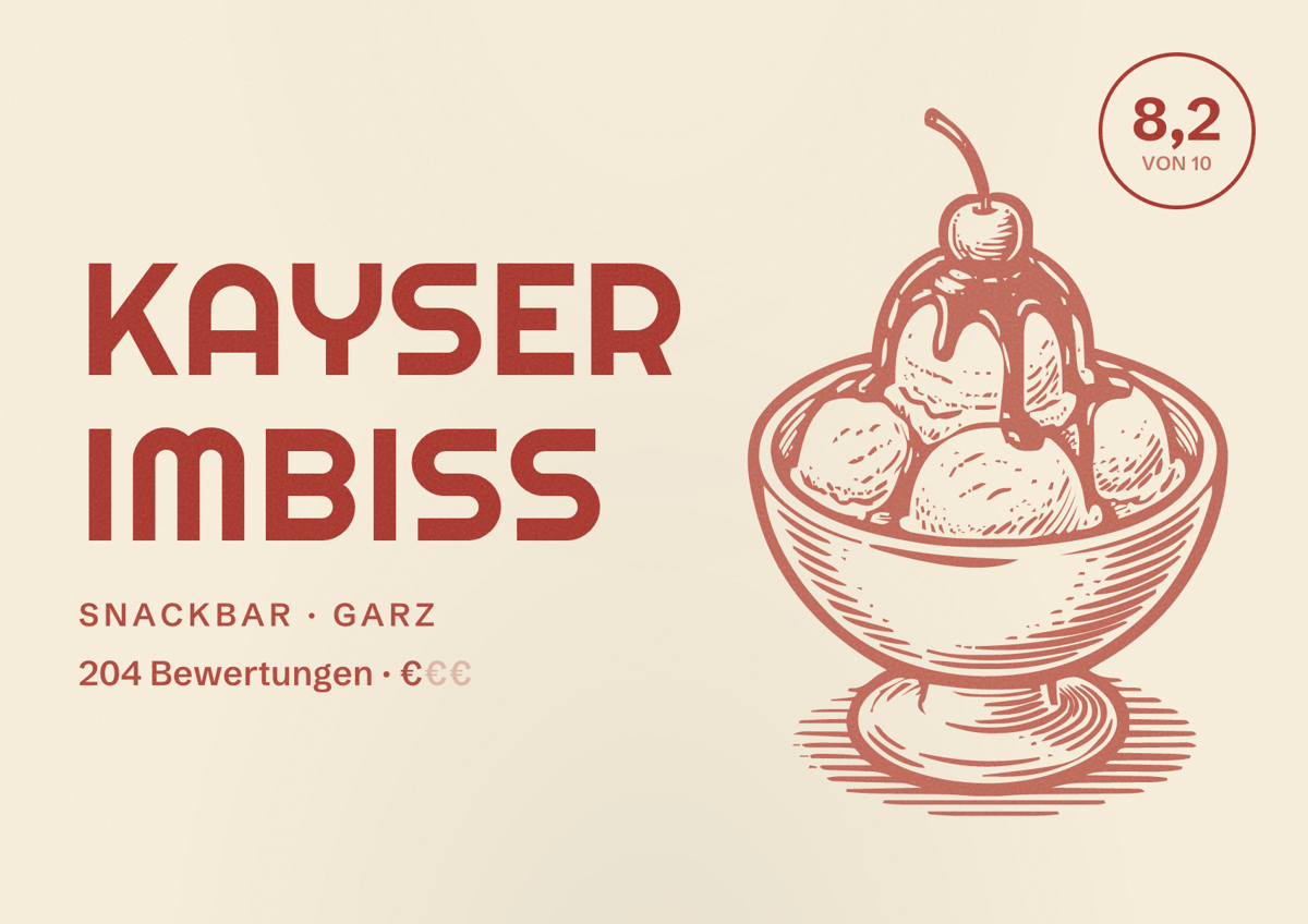 Illustriertes Poster von Kayser Imbiss, Snackbar in Garz: Bewertung 8,2 von 10 aus 204 Bewertungen, Preisniveau €