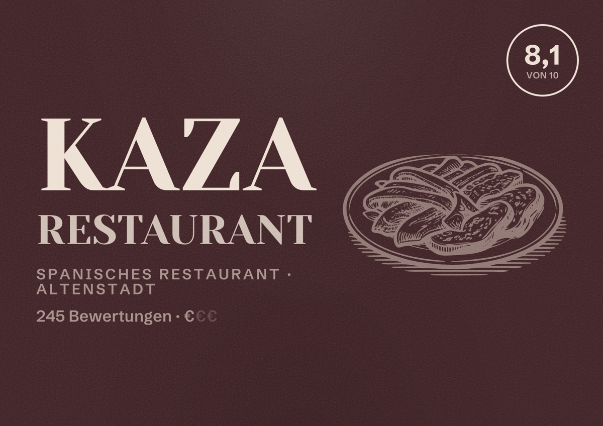 Illustriertes Poster von Kaza Restaurant, Spanisches Restaurant in Altenstadt: Bewertung 8,1 von 10 aus 245 Bewertungen, Preisniveau €