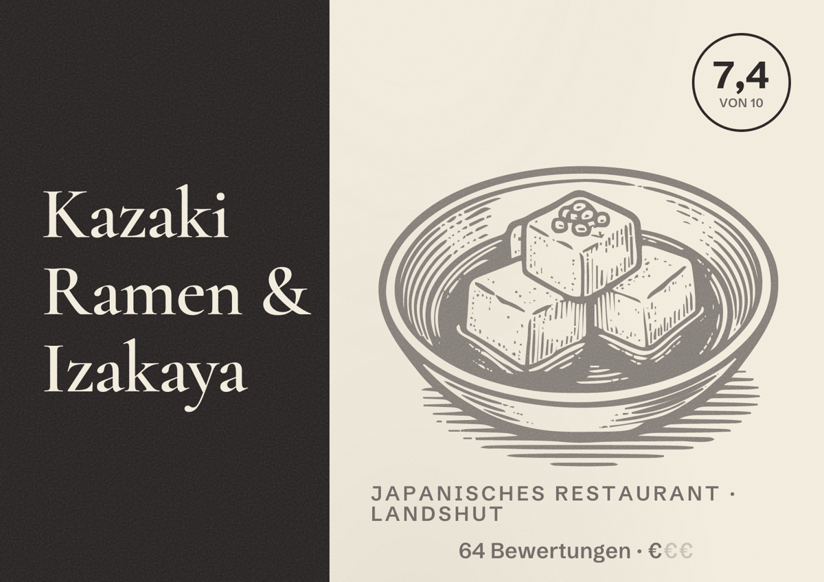 Illustriertes Poster von Kazaki Ramen & Izakaya, Japanisches Restaurant in Landshut: Bewertung 7,4 von 10 aus 64 Bewertungen, Preisniveau €