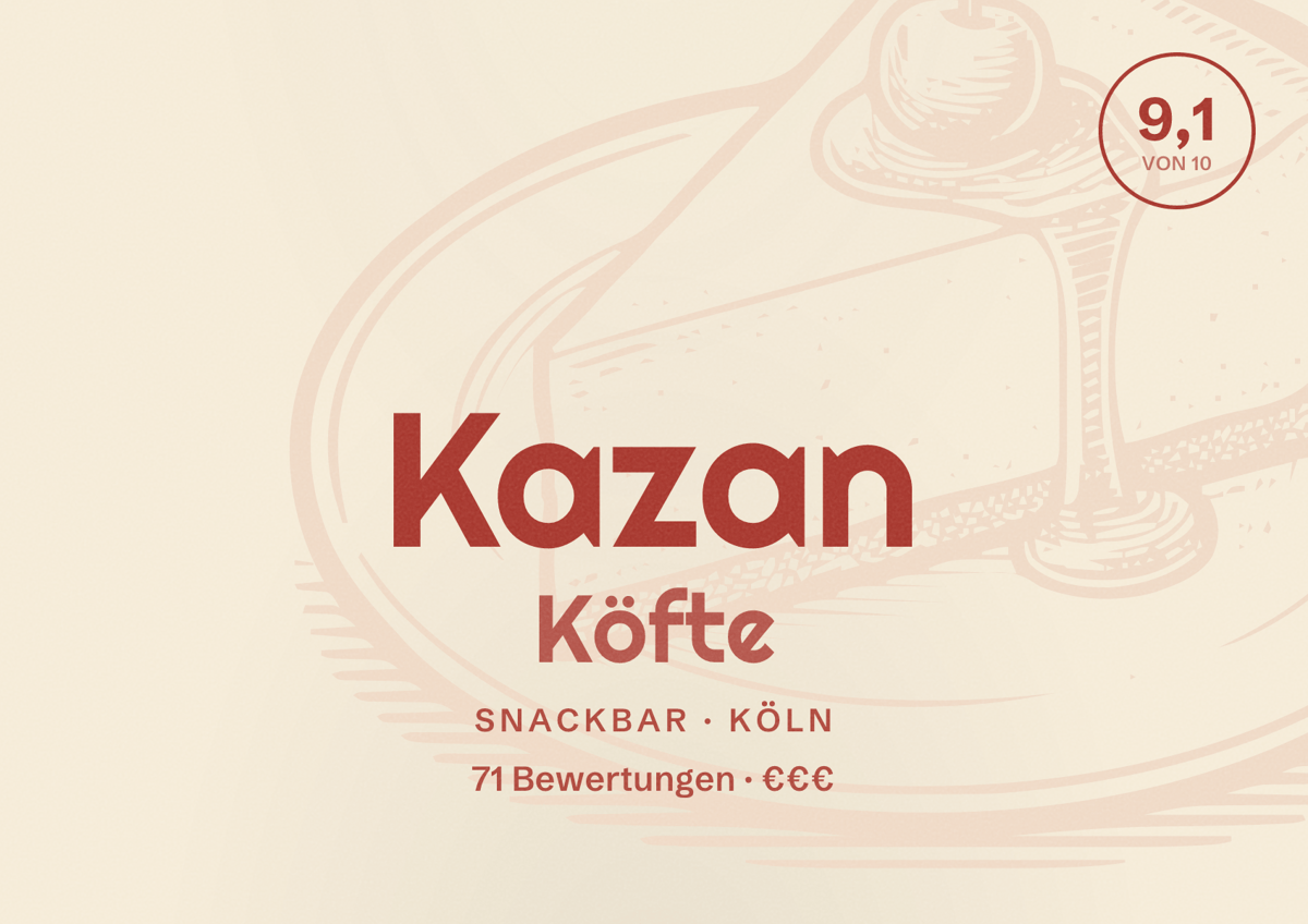 Illustriertes Poster von Kazan Köfte, Snackbar in Köln: Bewertung 9,1 von 10 aus 71 Bewertungen, Preisniveau €€€