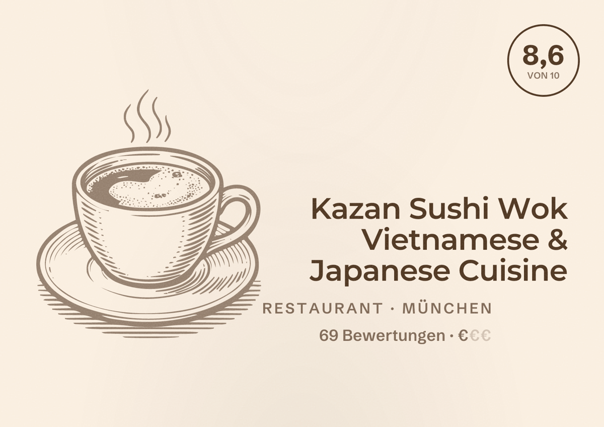 Illustriertes Poster von Kazan Sushi Wok Vietnamese & Japanese Cuisine, Restaurant in München: Bewertung 8,6 von 10 aus 69 Bewertungen, Preisniveau €