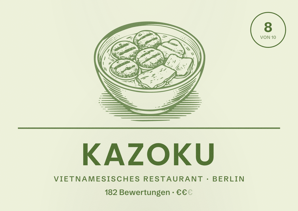 Illustriertes Poster von Kazoku, Vietnamesisches Restaurant in Berlin: Bewertung 8,0 von 10 aus 182 Bewertungen, Preisniveau €€