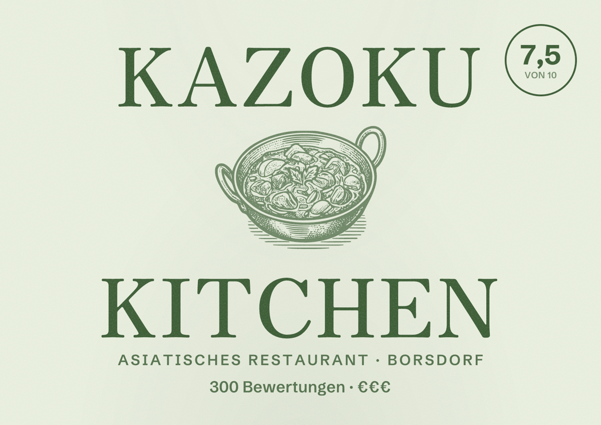 Illustriertes Poster von Kazoku Kitchen, Asiatisches Restaurant in Borsdorf: Bewertung 7,5 von 10 aus 300 Bewertungen, Preisniveau €€€