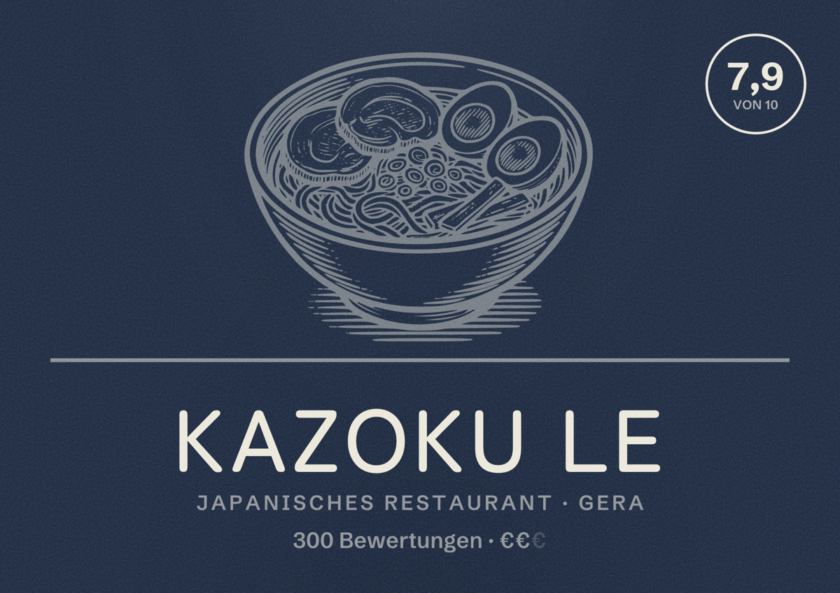 Illustriertes Poster von Kazoku Le, Japanisches Restaurant in Gera: Bewertung 7,9 von 10 aus 300 Bewertungen, Preisniveau €€