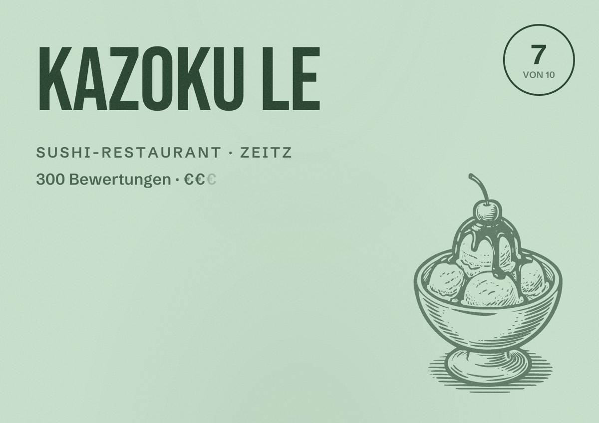Illustriertes Poster von Kazoku Le, Sushi-Restaurant in Zeitz: Bewertung 7 von 10 aus 300 Bewertungen, Preisniveau €€
