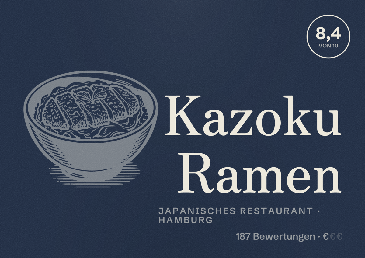 Illustriertes Poster von Kazoku Ramen, Japanisches Restaurant in Hamburg: Bewertung 8,4 von 10 aus 187 Bewertungen, Preisniveau €