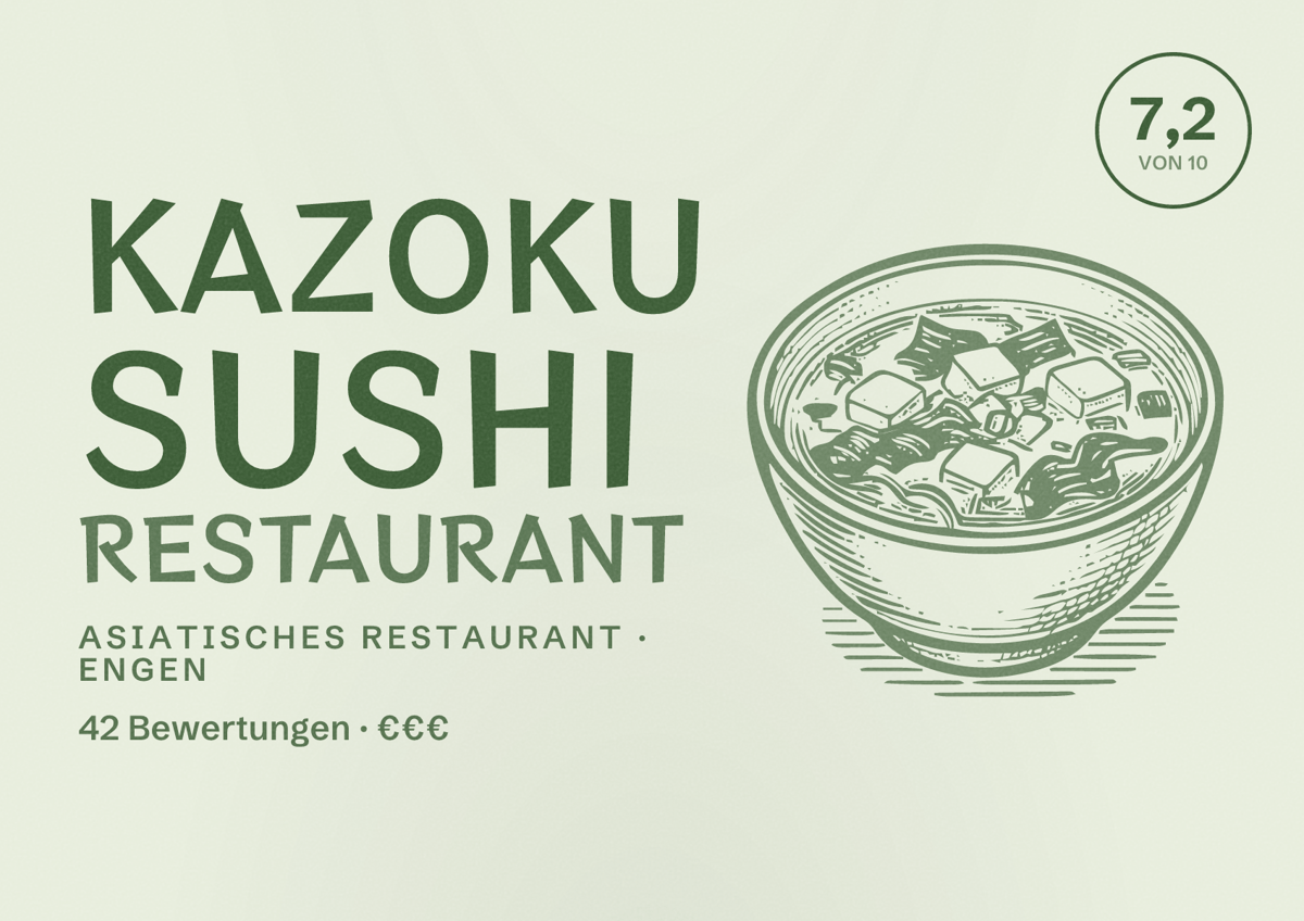 Illustriertes Poster von Kazoku Sushi Restaurant, Asiatisches Restaurant in Engen: Bewertung 7,2 von 10 aus 42 Bewertungen, Preisniveau €€€