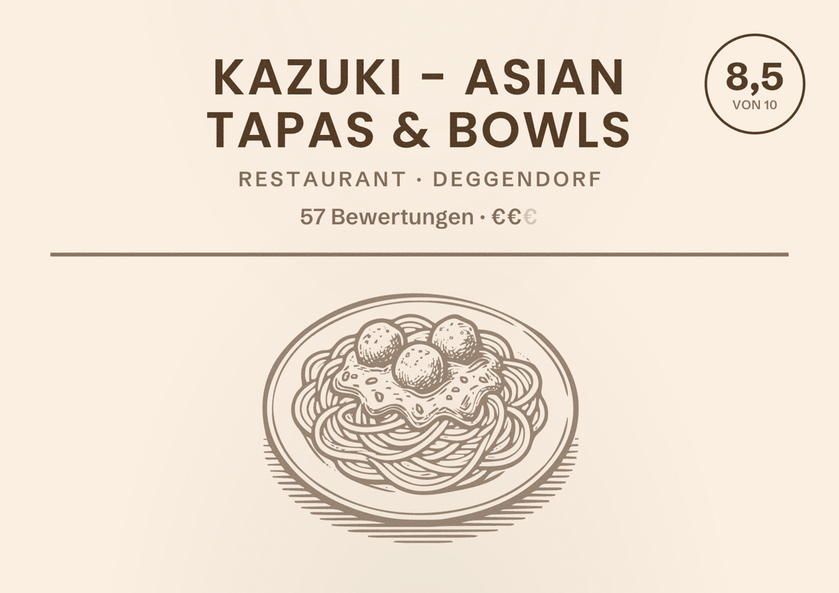 Illustriertes Poster von Kazuki - Asian Tapas & Bowls, Restaurant in Deggendorf: Bewertung 8,5 von 10 aus 57 Bewertungen, Preisniveau €€
