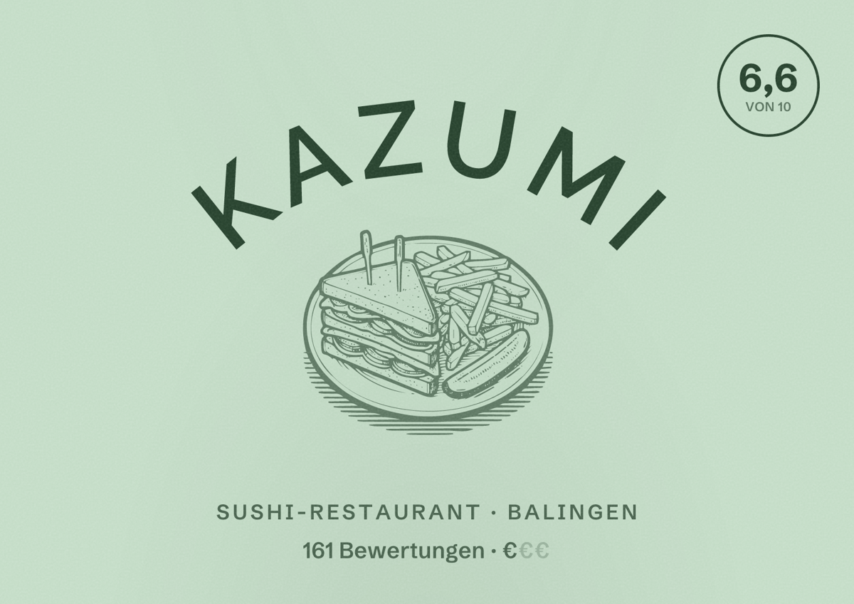 Illustriertes Poster von Kazumi, Sushi-Restaurant in Balingen: Bewertung 6,6 von 10 aus 161 Bewertungen, Preisniveau €