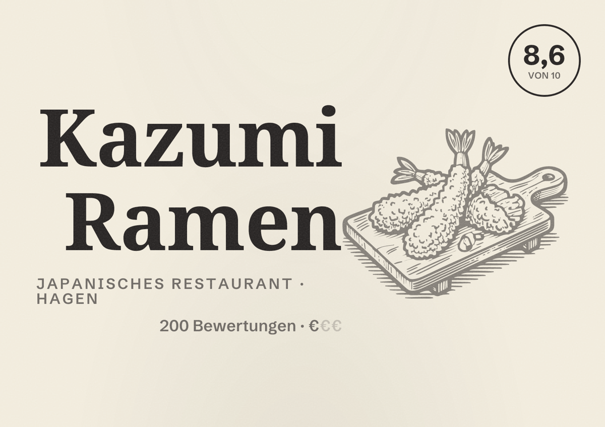 Illustriertes Poster von Kazumi Ramen, Japanisches Restaurant in Hagen: Bewertung 8,6 von 10 aus 200 Bewertungen, Preisniveau €