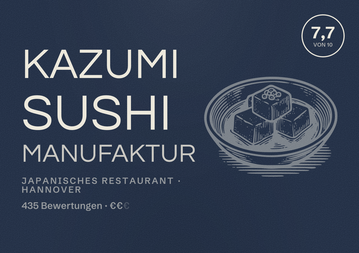 Illustriertes Poster von KAZUMI Sushi Manufaktur, Japanisches Restaurant in Hannover: Bewertung 7,7 von 10 aus 435 Bewertungen, Preisniveau €€