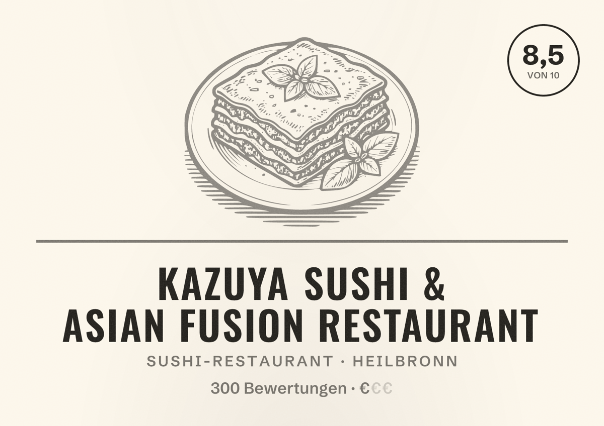 Illustriertes Poster von KAZUYA Sushi & Asian Fusion Restaurant, Sushi-Restaurant in Heilbronn: Bewertung 8,5 von 10 aus 300 Bewertungen, Preisniveau €