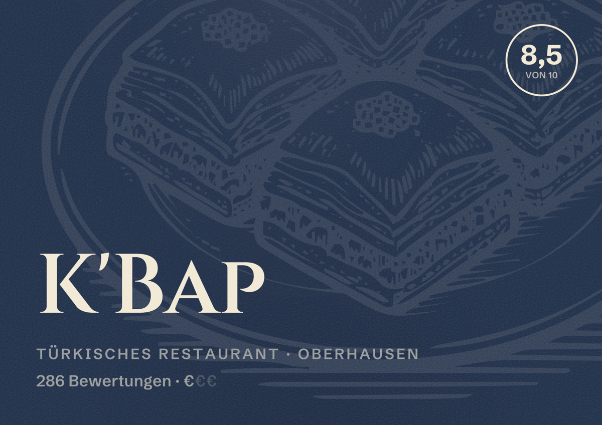 Illustriertes Poster von K'Bap, Türkisches Restaurant in Oberhausen: Bewertung 8,5 von 10 aus 286 Bewertungen, Preisniveau €