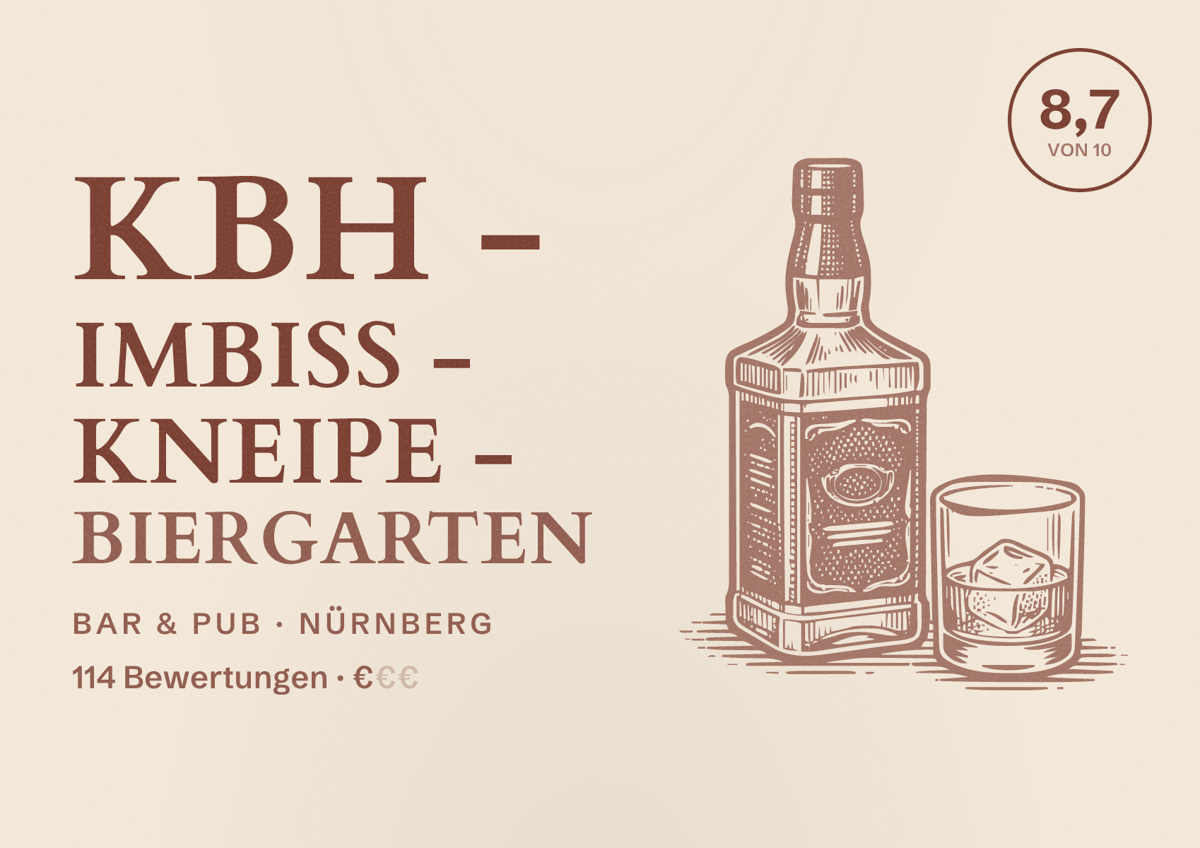Illustriertes Poster von KBH - Imbiss - Kneipe - Biergarten, Bar & Pub in Nürnberg: Bewertung 8,7 von 10 aus 114 Bewertungen, Preisniveau €