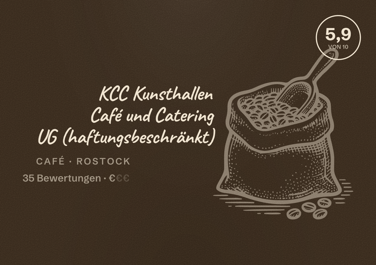 Illustriertes Poster von KCC Kunsthallen Café und Catering UG (haftungsbeschränkt), Café in Rostock: Bewertung 5,9 von 10 aus 35 Bewertungen, Preisniveau €