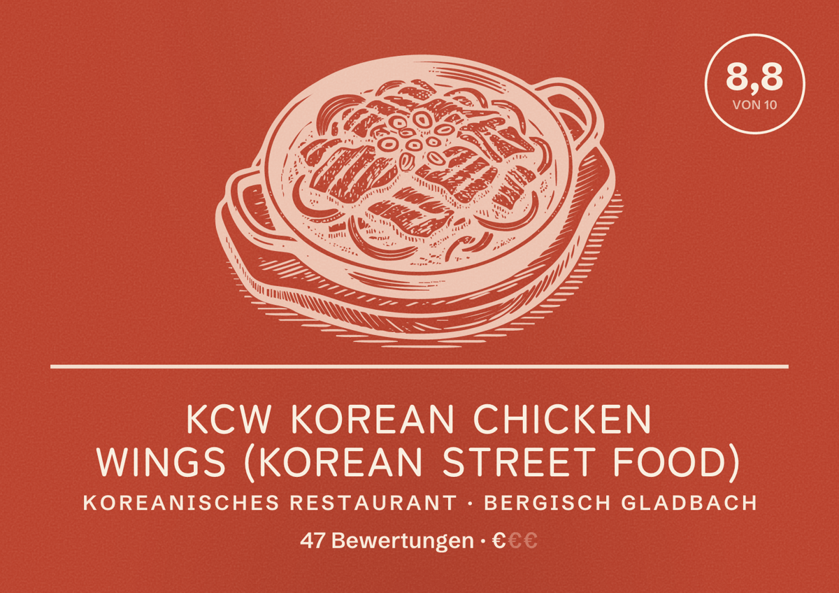 Illustriertes Poster von KCW Korean Chicken Wings (Korean Street Food), Koreanisches Restaurant in Bergisch Gladbach: Bewertung 8,8 von 10 aus 47 Bewertungen, Preisniveau €