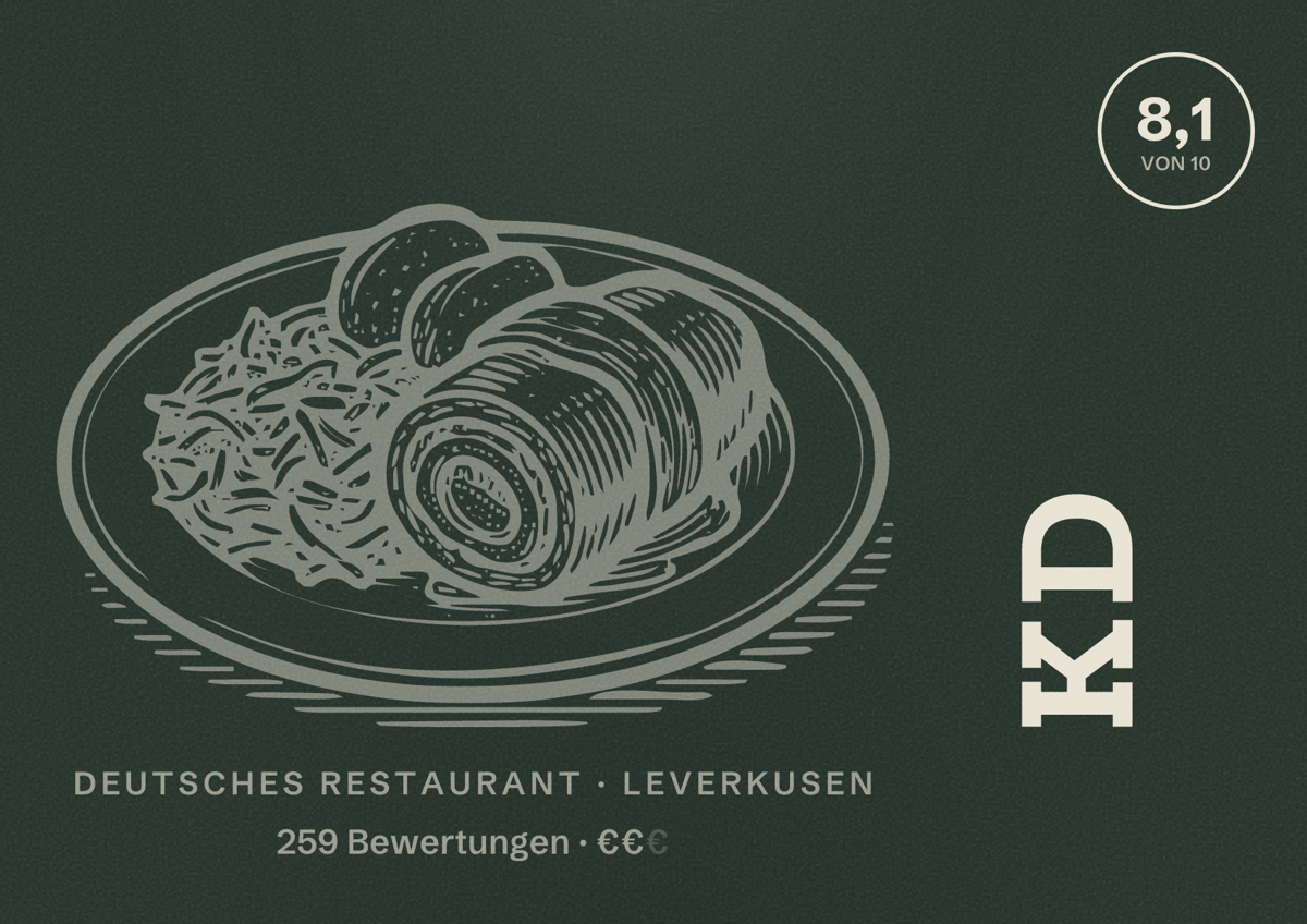 Illustriertes Poster von KD, Deutsches Restaurant in Leverkusen: Bewertung 8,1 von 10 aus 259 Bewertungen, Preisniveau €€