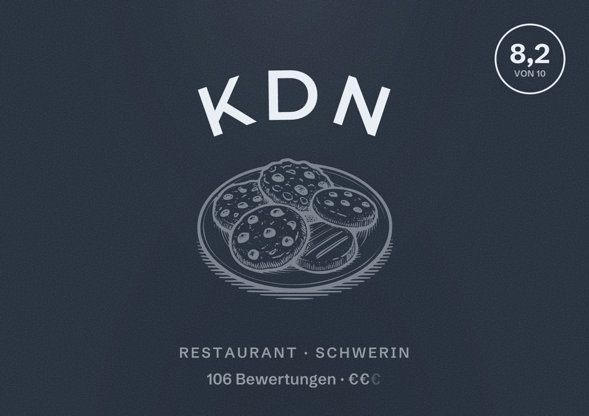 Illustriertes Poster von KDN, Restaurant in Schwerin: Bewertung 8,2 von 10 aus 106 Bewertungen, Preisniveau €€