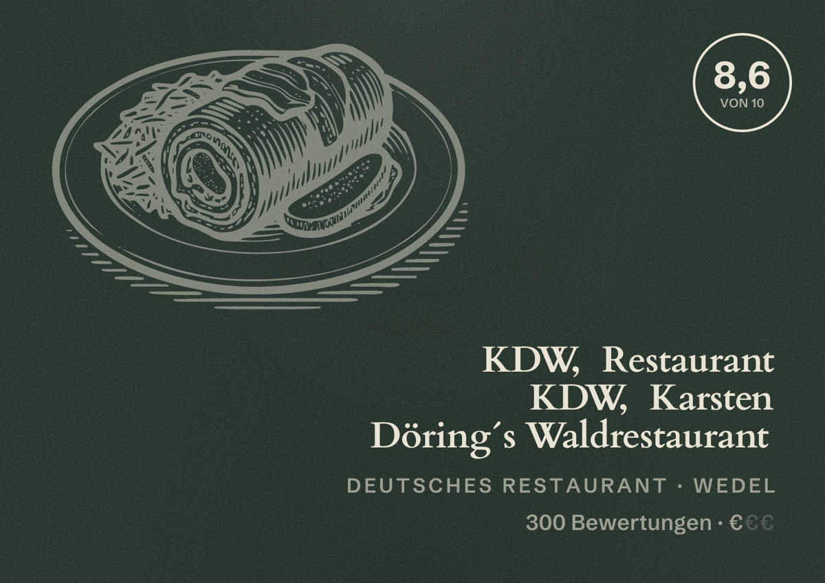 Illustriertes Poster von KDW, Restaurant KDW, Karsten Döring´s Waldrestaurant, Deutsches Restaurant in Wedel: Bewertung 8,6 von 10 aus 300 Bewertungen, Preisniveau €