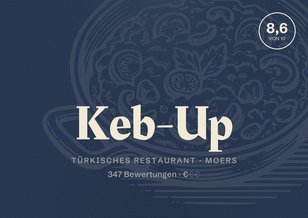 Illustriertes Poster von Keb-Up, Türkisches Restaurant in Moers: Bewertung 8,6 von 10 aus 347 Bewertungen, Preisniveau €