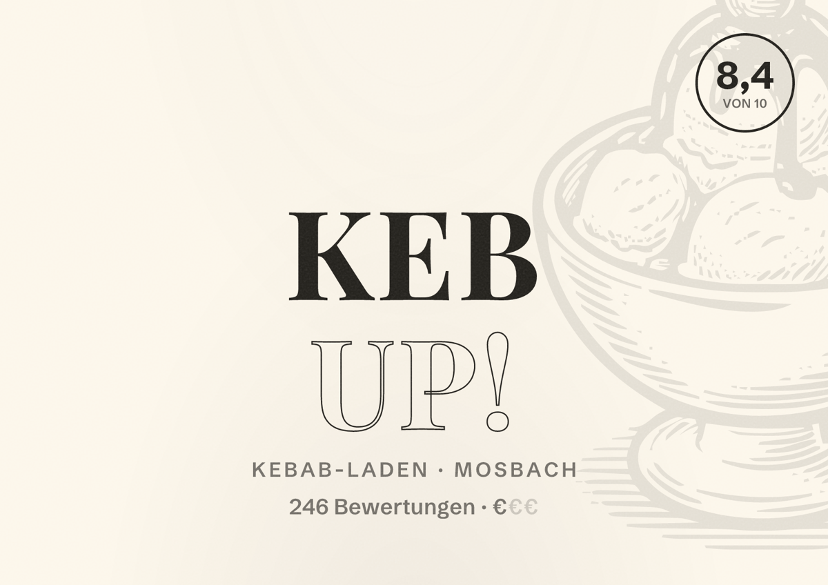 Illustriertes Poster von Keb up!, Kebab-Laden in Mosbach: Bewertung 8,4 von 10 aus 246 Bewertungen, Preisniveau €