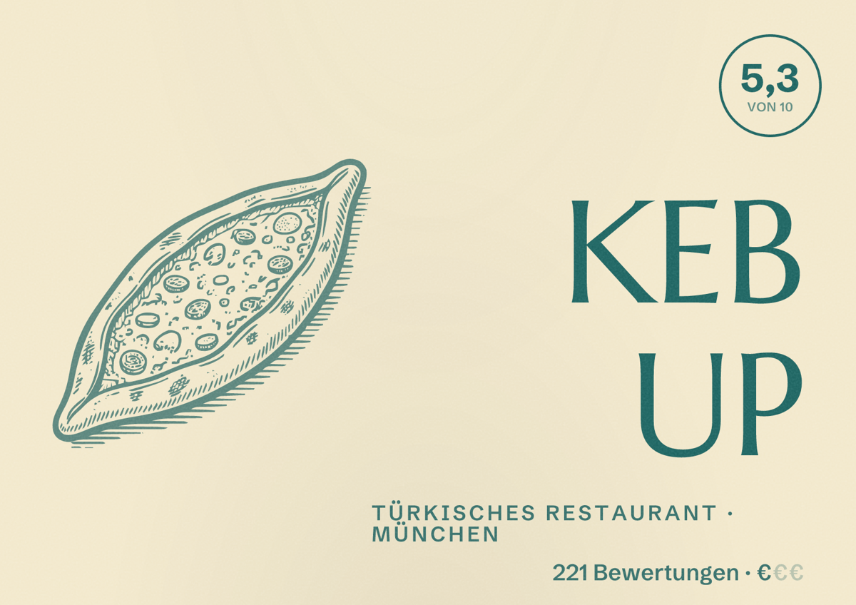 Illustriertes Poster von KEB UP, Türkisches Restaurant in München: Bewertung 5,3 von 10 aus 221 Bewertungen, Preisniveau €