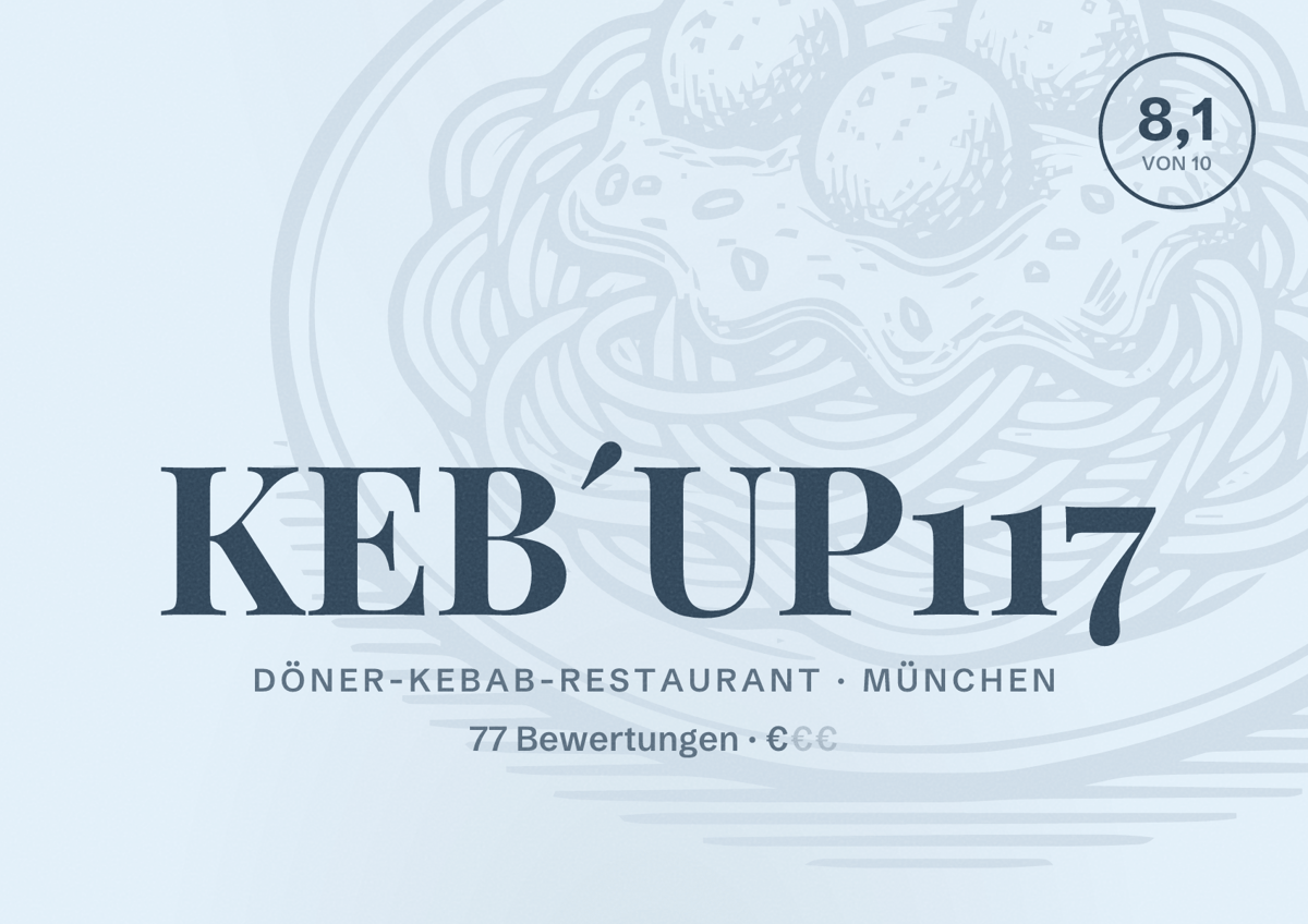 Illustriertes Poster von KEB´UP117, Döner-Kebab-Restaurant in München: Bewertung 8,1 von 10 aus 77 Bewertungen, Preisniveau €