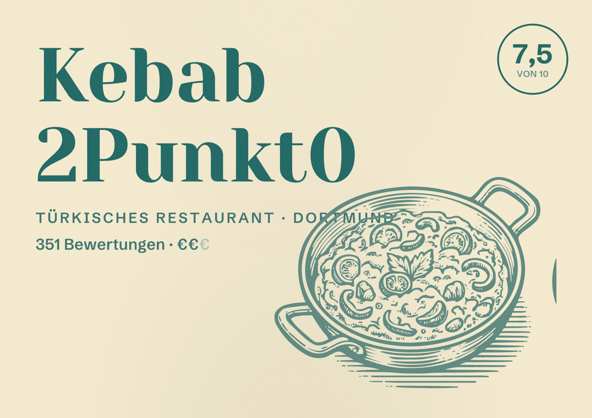 Illustriertes Poster von Kebab 2Punkt0, Türkisches Restaurant in Dortmund: Bewertung 7,5 von 10 aus 351 Bewertungen, Preisniveau €€