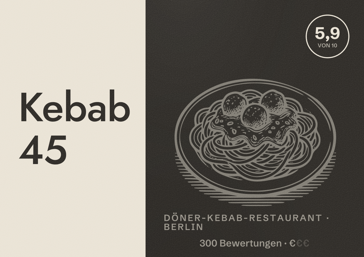 Illustriertes Poster von Kebab 45, Döner-Kebab-Restaurant in Berlin: Bewertung 5,9 von 10 aus 300 Bewertungen, Preisniveau €