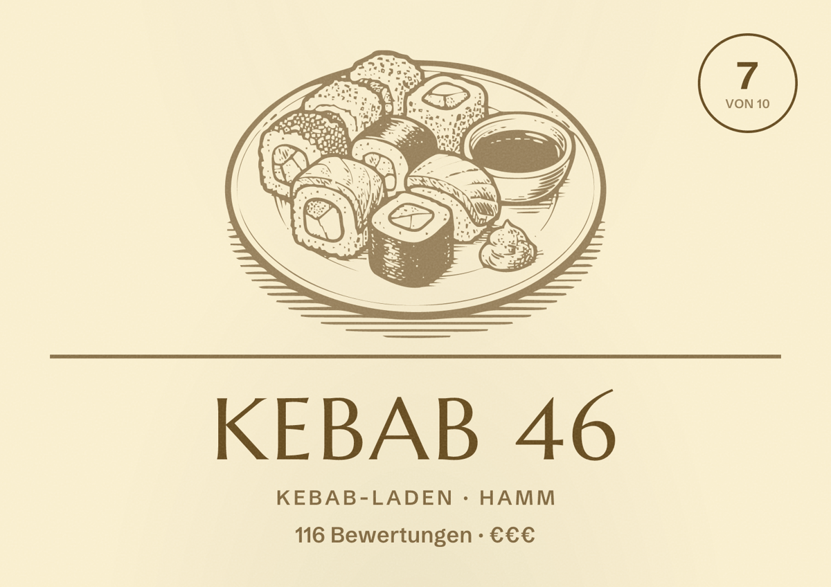 Illustriertes Poster von Kebab 46, Kebab-Laden in Hamm: Bewertung 7 von 10 aus 116 Bewertungen, Preisniveau €€€