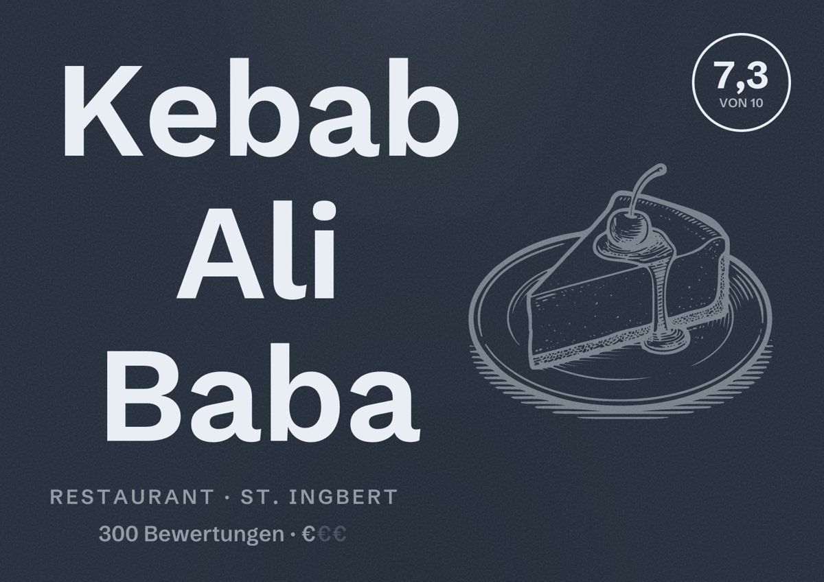 Illustriertes Poster von Kebab Ali Baba, Restaurant in St. Ingbert: Bewertung 7,3 von 10 aus 300 Bewertungen, Preisniveau €