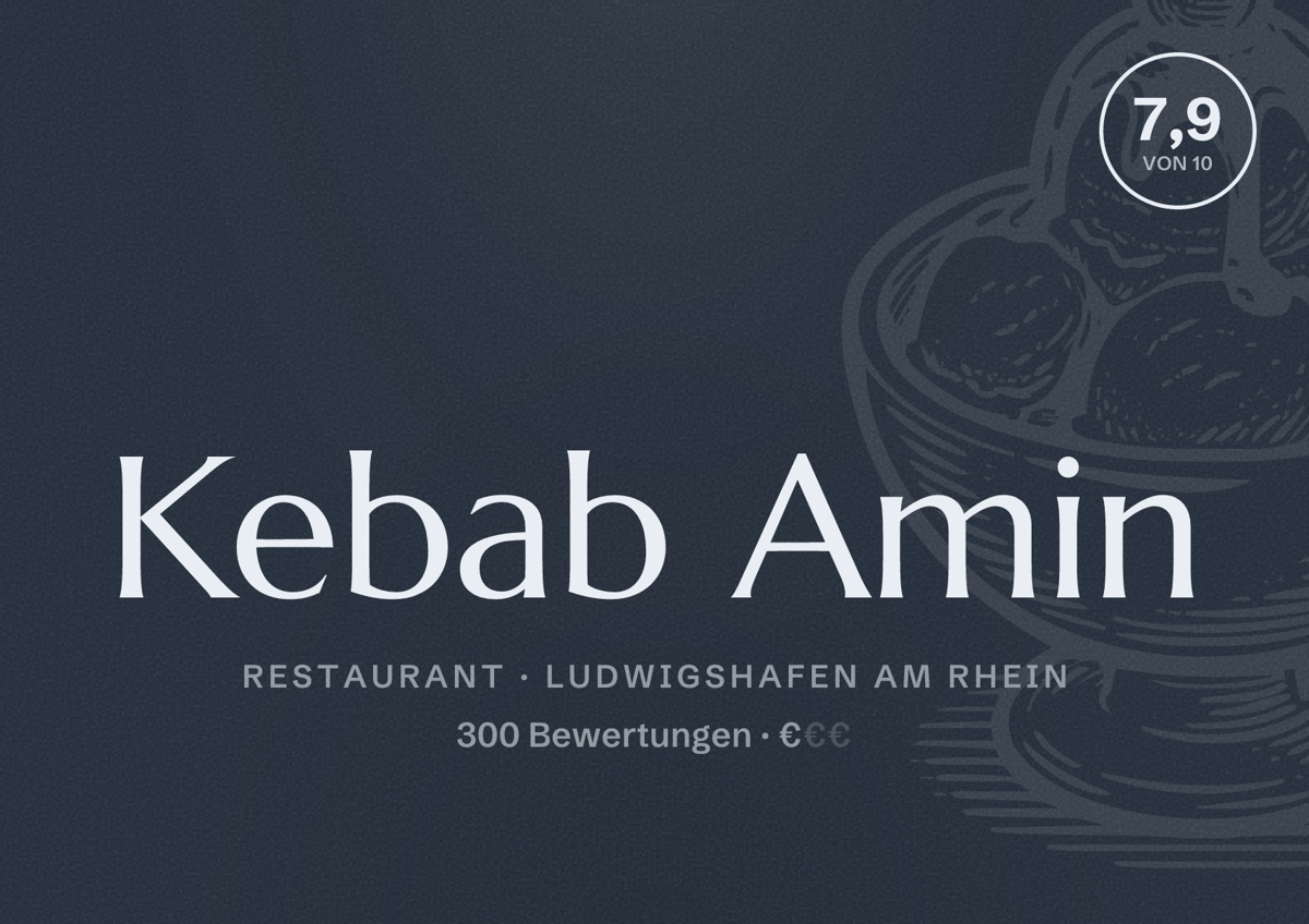 Illustriertes Poster von Kebab Amin, Restaurant in Ludwigshafen am Rhein: Bewertung 7,9 von 10 aus 300 Bewertungen, Preisniveau €