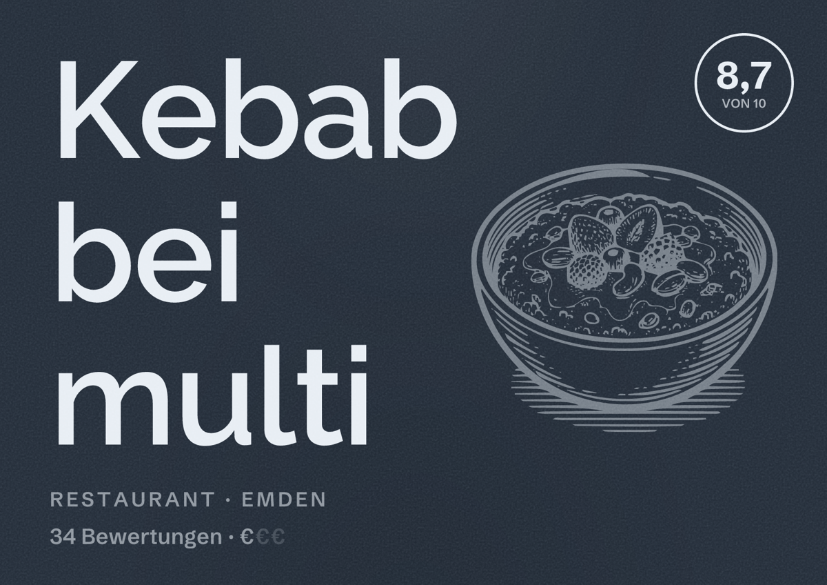 Illustriertes Poster von Kebab bei multi, Restaurant in Emden: Bewertung 8,7 von 10 aus 34 Bewertungen, Preisniveau €