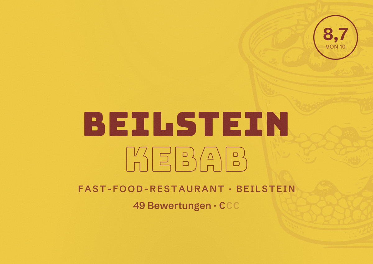 Illustriertes Poster von Beilstein Kebab, Fast-Food-Restaurant in Beilstein: Bewertung 8,7 von 10 aus 49 Bewertungen, Preisniveau €