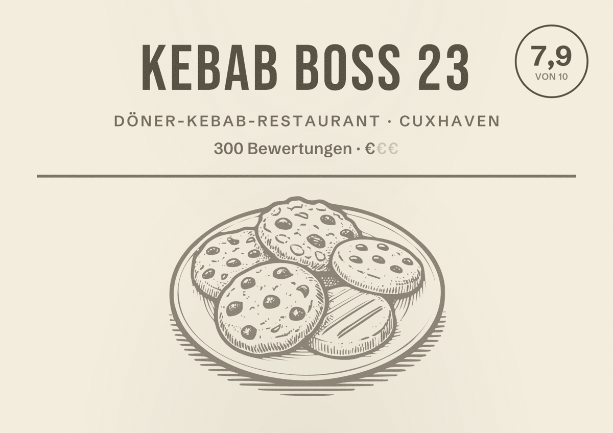 Illustriertes Poster von Kebab Boss 23, Döner-Kebab-Restaurant in Cuxhaven: Bewertung 7,9 von 10 aus 300 Bewertungen, Preisniveau €