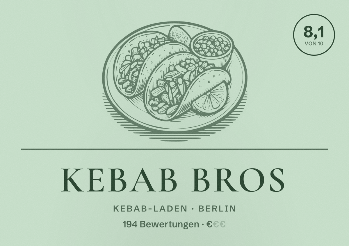 Illustriertes Poster von Kebab Bros, Kebab-Laden in Berlin: Bewertung 8,1 von 10 aus 194 Bewertungen, Preisniveau €