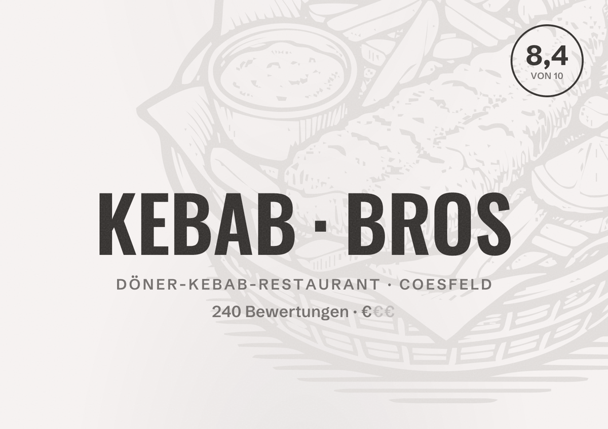 Illustriertes Poster von KEBAB BROS, Döner-Kebab-Restaurant in Coesfeld: Bewertung 8,4 von 10 aus 240 Bewertungen, Preisniveau €