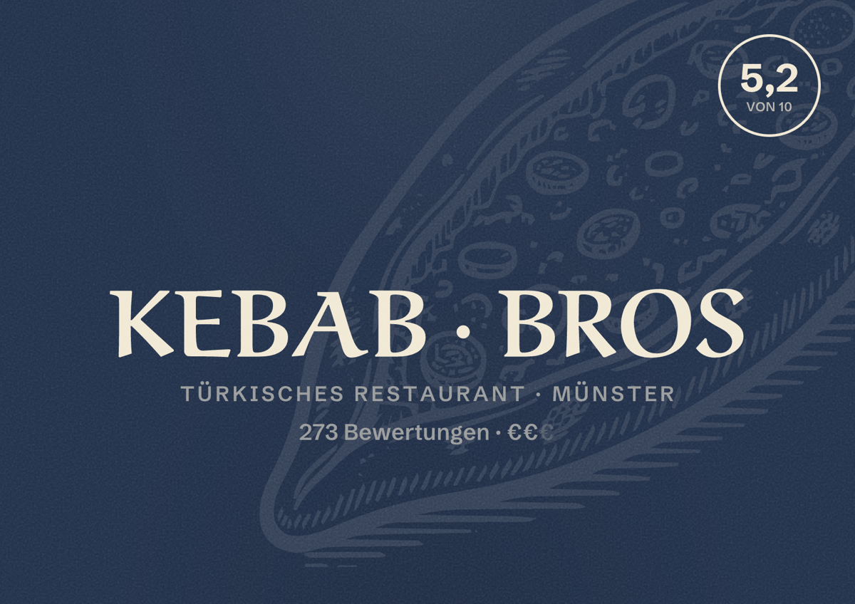 Illustriertes Poster von KEBAB BROS, Türkisches Restaurant in Münster: Bewertung 5,2 von 10 aus 273 Bewertungen, Preisniveau €€