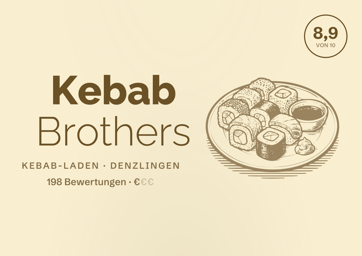 Illustriertes Poster von Kebab Brothers, Kebab-Laden in Denzlingen: Bewertung 8,9 von 10 aus 198 Bewertungen, Preisniveau €