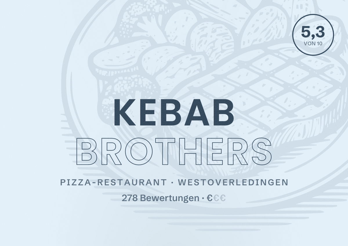 Illustriertes Poster von Kebab Brothers, Pizza-Restaurant in Westoverledingen: Bewertung 5,3 von 10 aus 278 Bewertungen, Preisniveau €